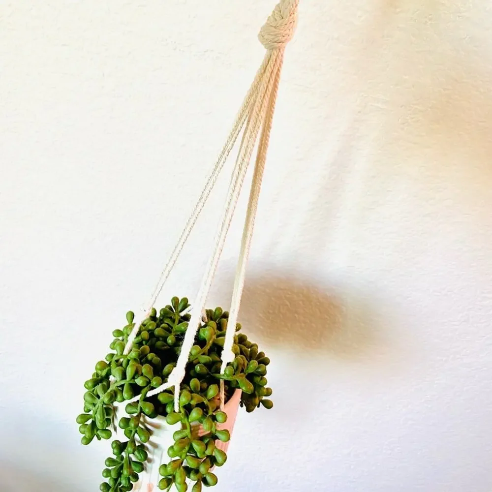 Macrame Faux Plant Planter White Ceramic Etched Pot Accent Decor String Pearls